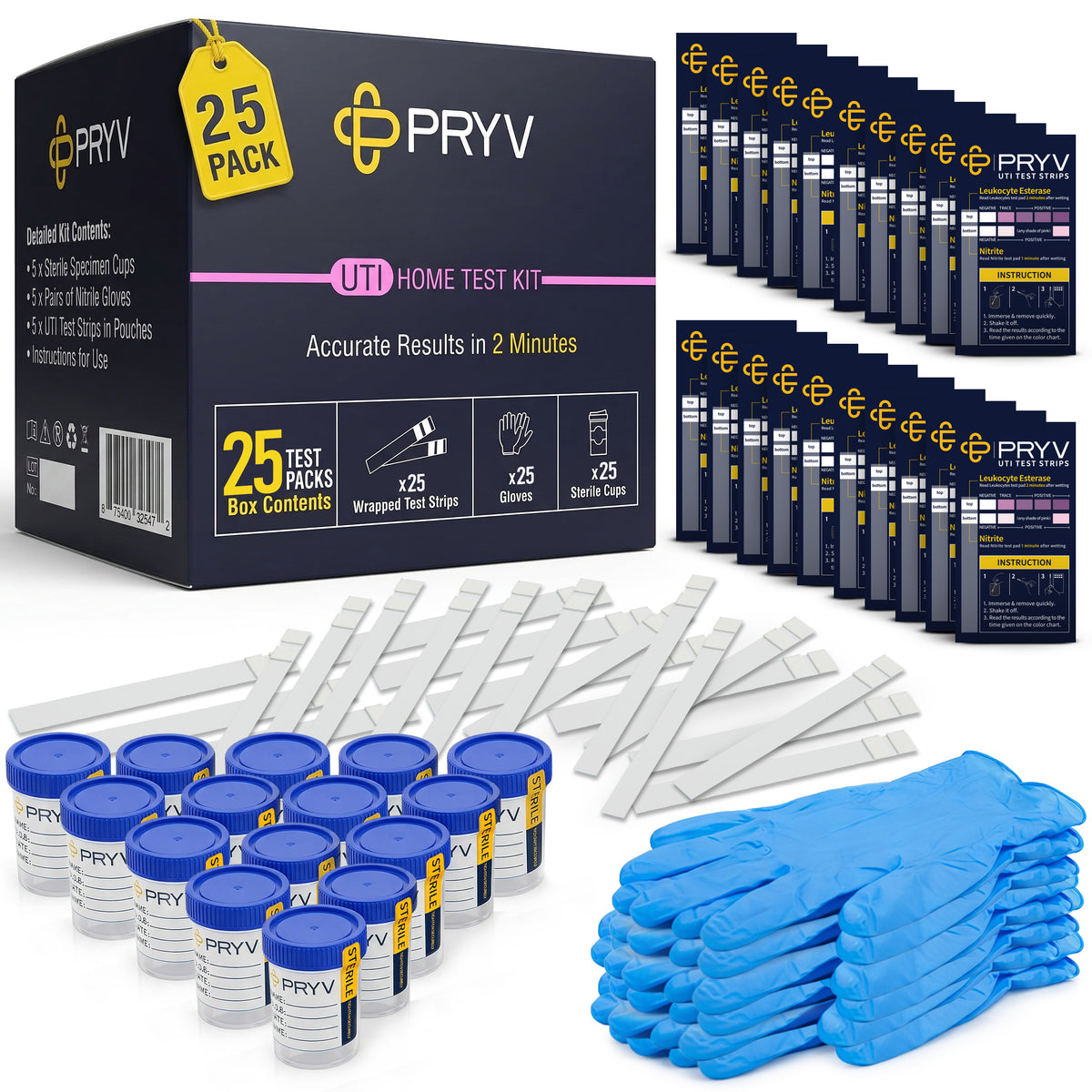 2 in 1 UTI Test Strips for Women & Men with Sterile Cups & Gloves | Individually Wrapped & Trusted by Doctors Private at Home UTI Test Strip - Accurate Results in 2 Minutes - 25 Tests